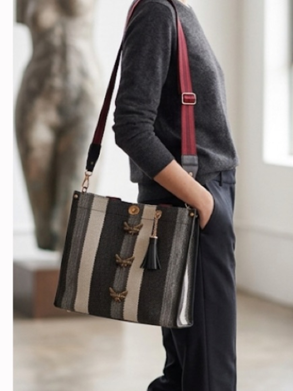 Women’s Striped Canvas Tote/Cross Body Bag